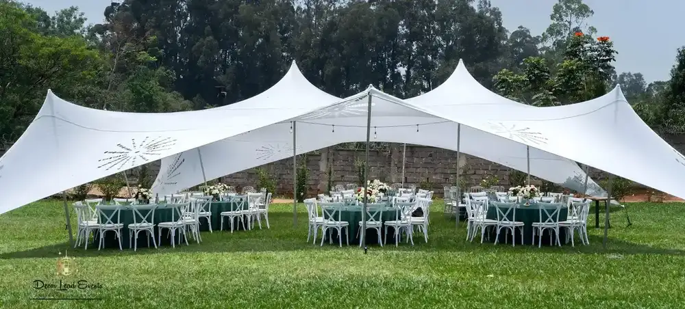 Large white stretch tent with decorative cutouts set up on a green lawn, covering round tables with