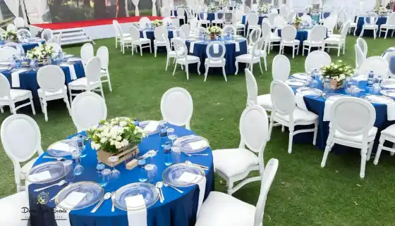 Wide shot of an outdoor event reception on a lawn featuring round tables with navy blue