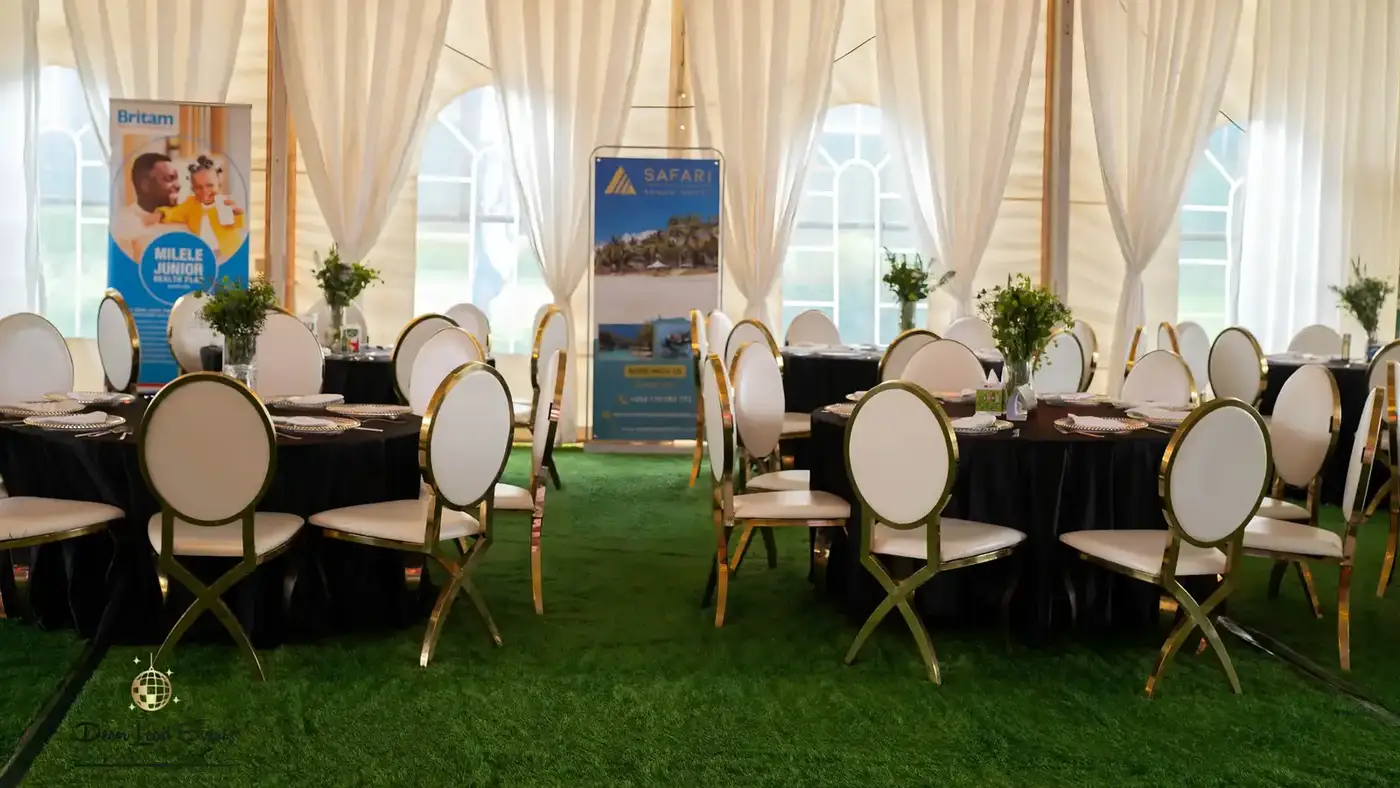 Event setup under decorated marquee tent in Kenya